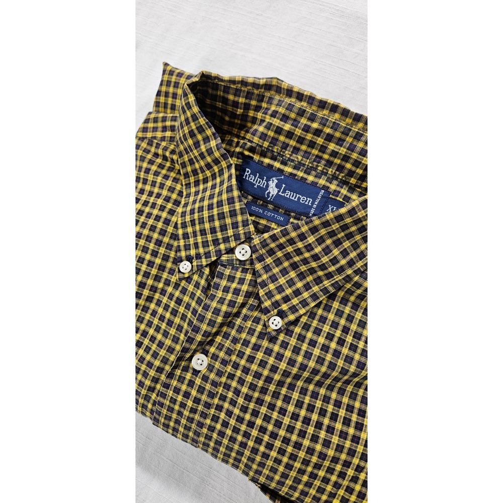 Ralph Lauren Mens XL Yellow Navy Plaid Button Down  Polo Crest Cotton Long‎ Sl - Picture 8 of 8